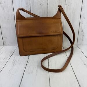 VTG Fossil Brown Camel Leather Double Flap Saddle Crossbody Bag Organizer